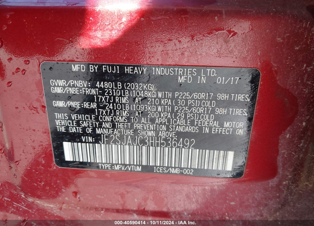 2017 SUBARU FORESTER 2.5I LIMITED VIN: JF2SJAJC3HH536492