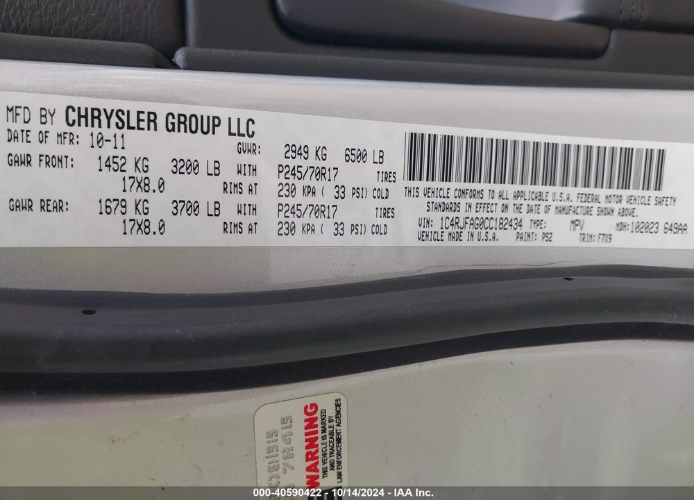 2012 JEEP GRAND CHEROKEE LAREDO VIN: 1C4RJFAG0CC182434