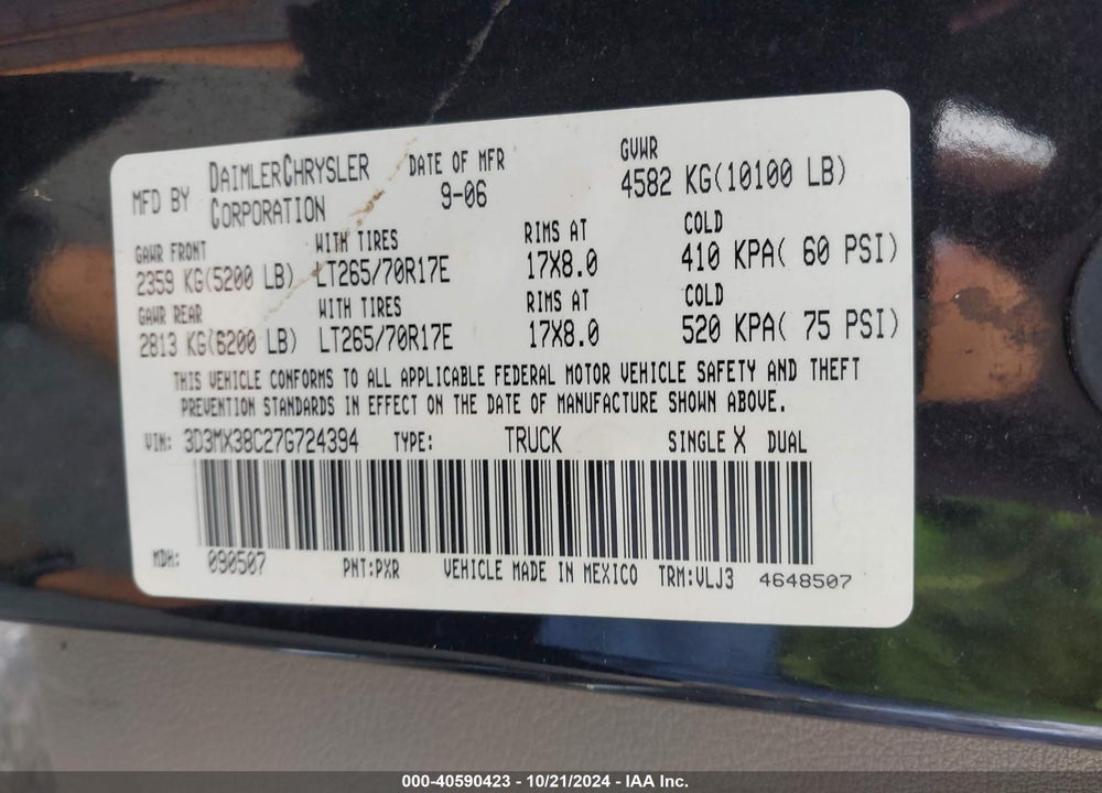 2007 DODGE RAM 3500 LARAMIE VIN: 3D3MX38C27G724394