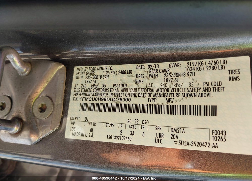 2013 FORD ESCAPE SEL VIN: 1FMCU0H99DUC78300