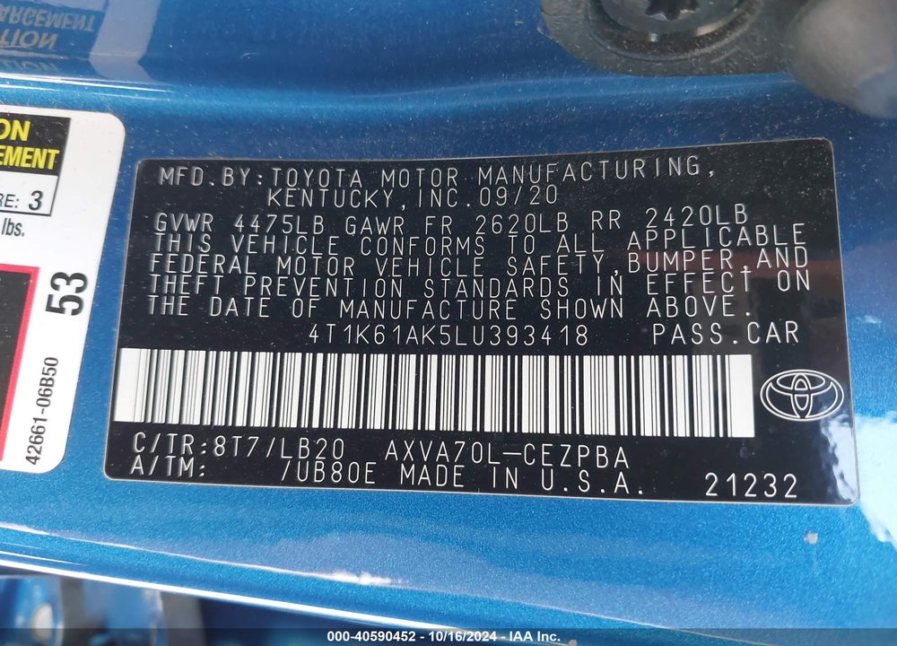 2020 TOYOTA CAMRY XSE VIN: 4T1K61AK5LU393418