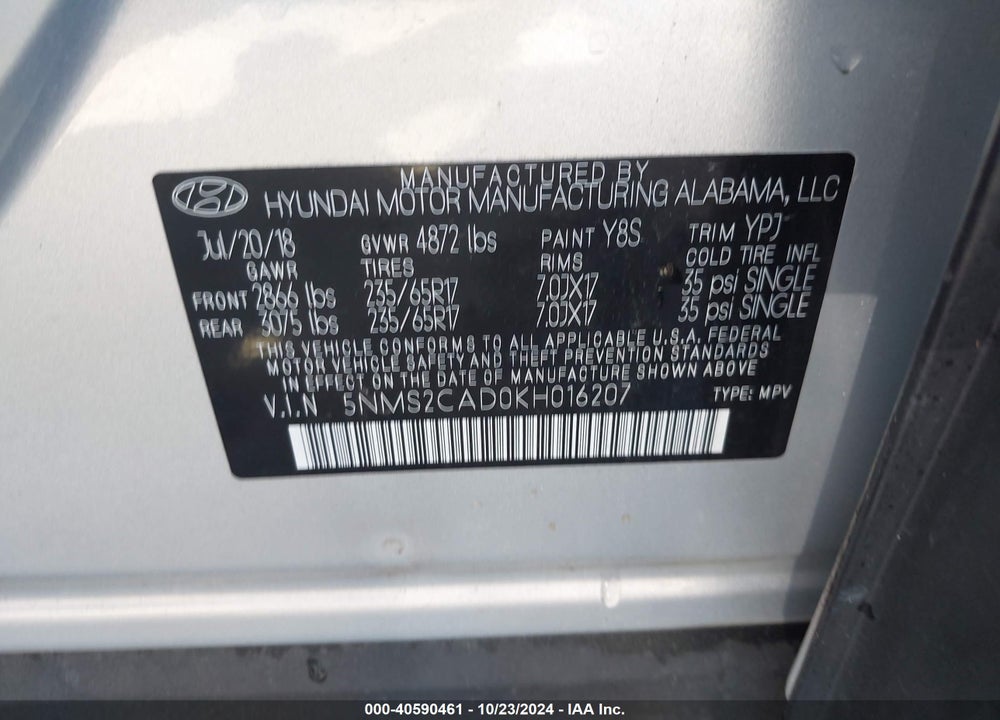 2019 HYUNDAI SANTA FE SE VIN: 5NMS2CAD0KH016207