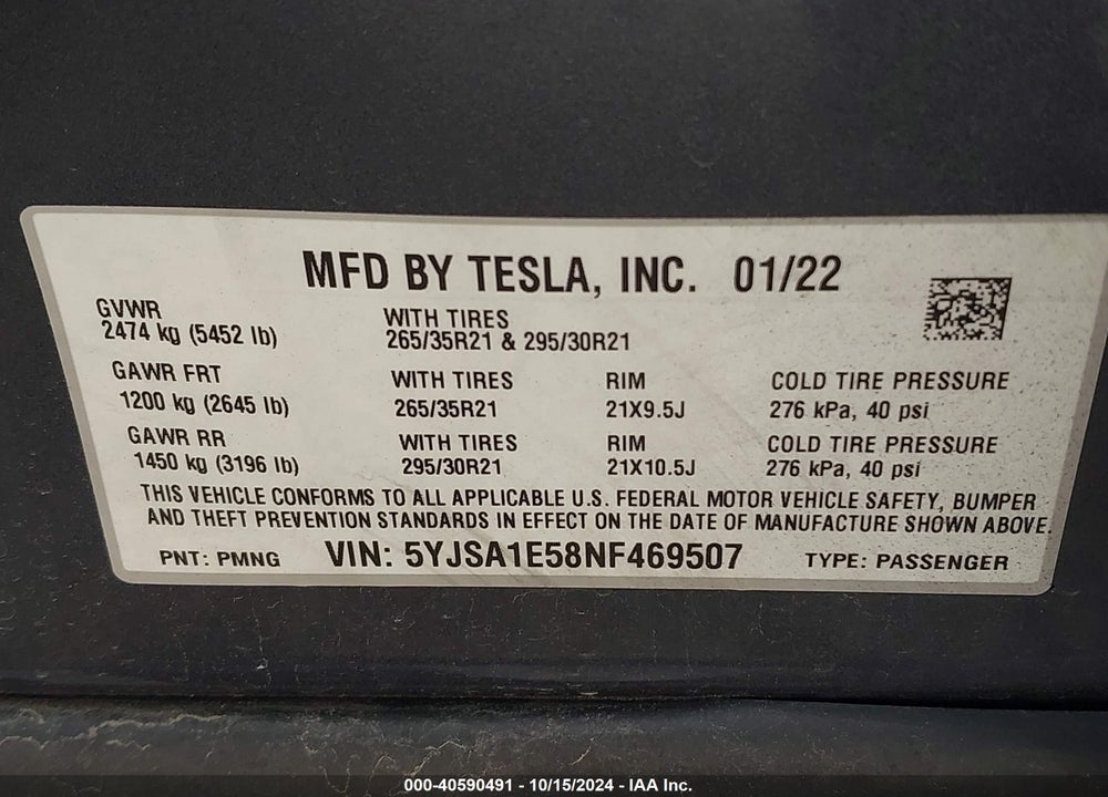 2022 TESLA MODEL S DUAL MOTOR ALL-WHEEL DRIVE VIN: 5YJSA1E58NF469507