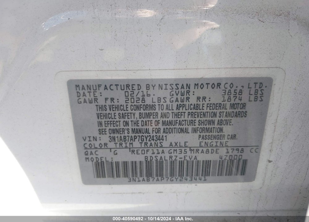 2016 NISSAN SENTRA SR VIN: 3N1AB7AP7GY243441