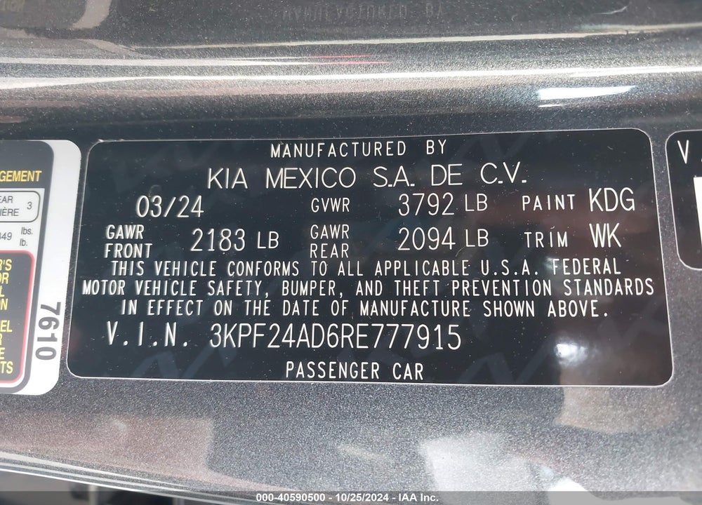 2024 KIA FORTE LXS VIN: 3KPF24AD6RE777915