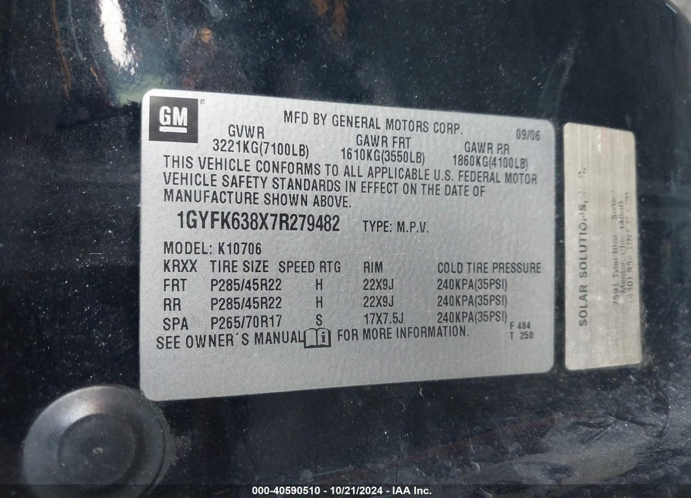 2007 CADILLAC ESCALADE STANDARD VIN: 1GYFK638X7R279482
