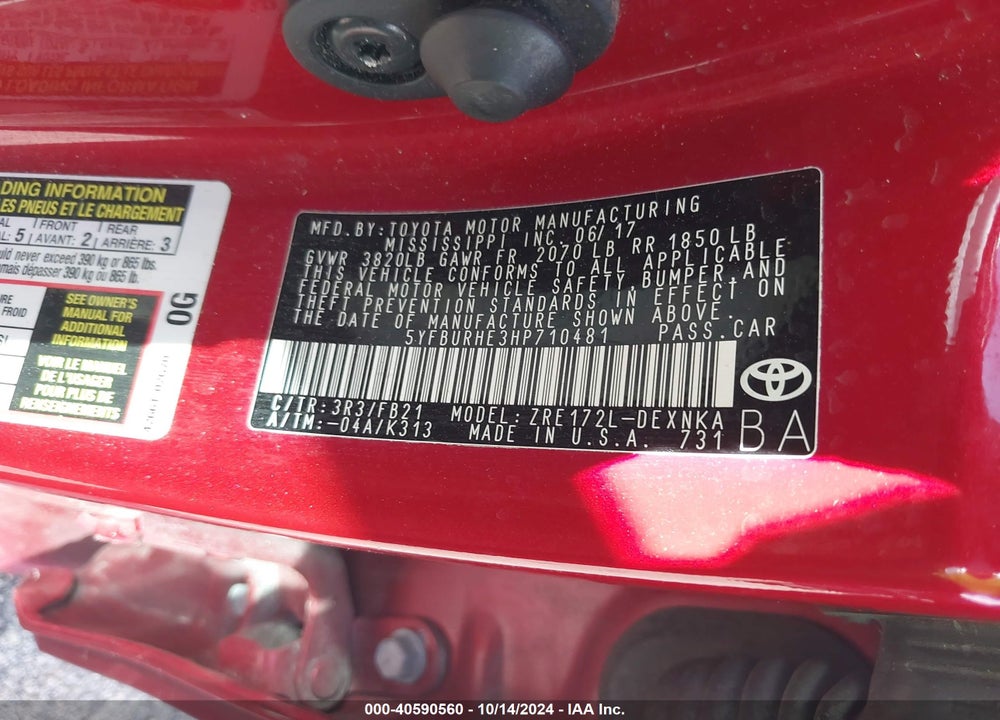 2017 TOYOTA COROLLA VIN: 5YFBURHE3HP710481