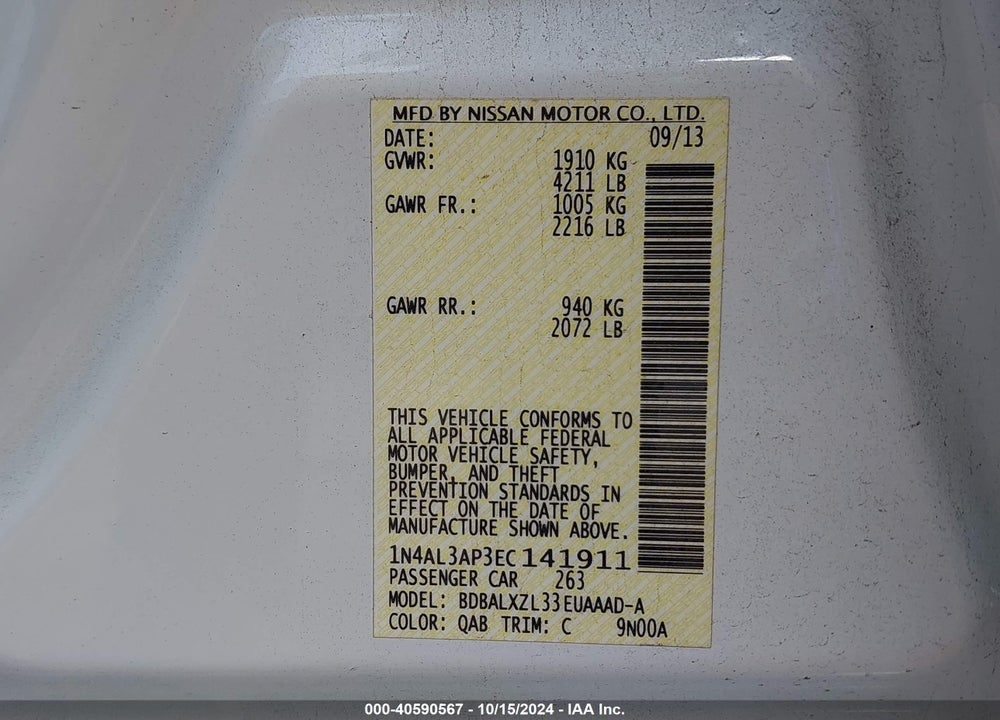 2014 NISSAN ALTIMA 2.5 SL VIN: 1N4AL3AP3EC141911