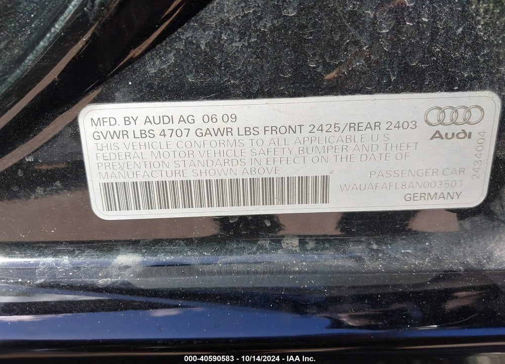2010 AUDI A4 2.0T PREMIUM VIN: WAUAFAFL8AN003501