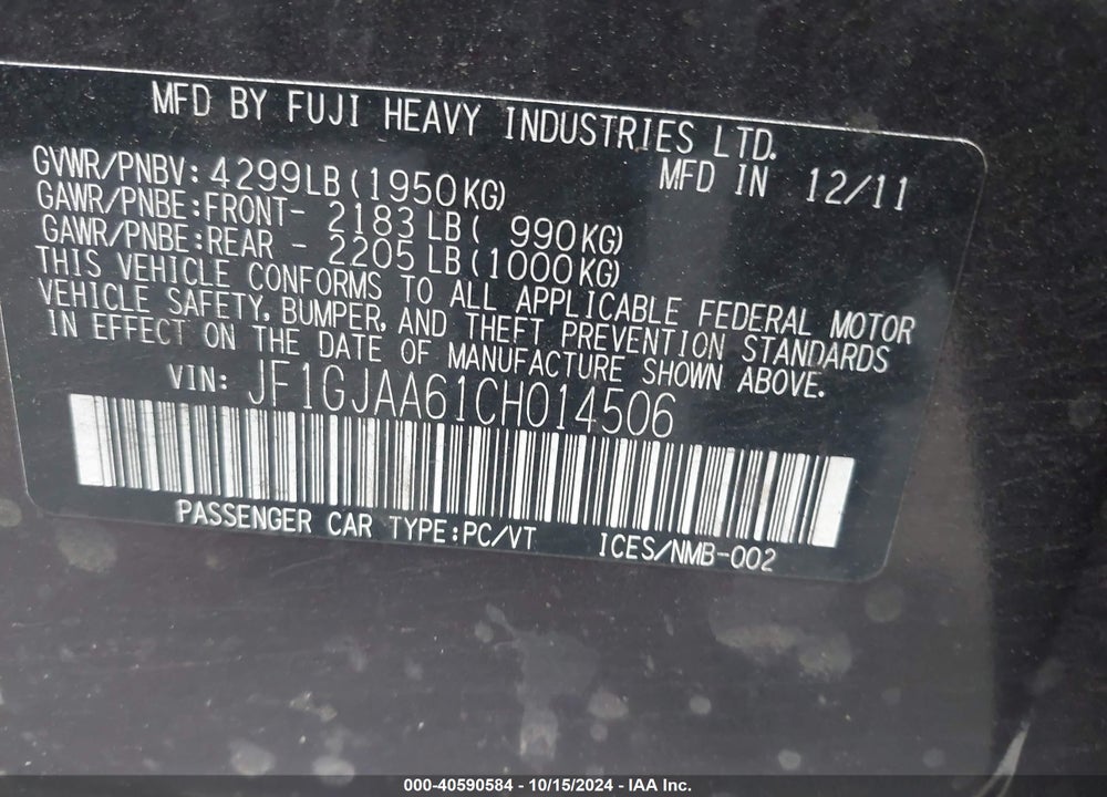 2012 SUBARU IMPREZA 2.0I VIN: JF1GJAA61CH014506