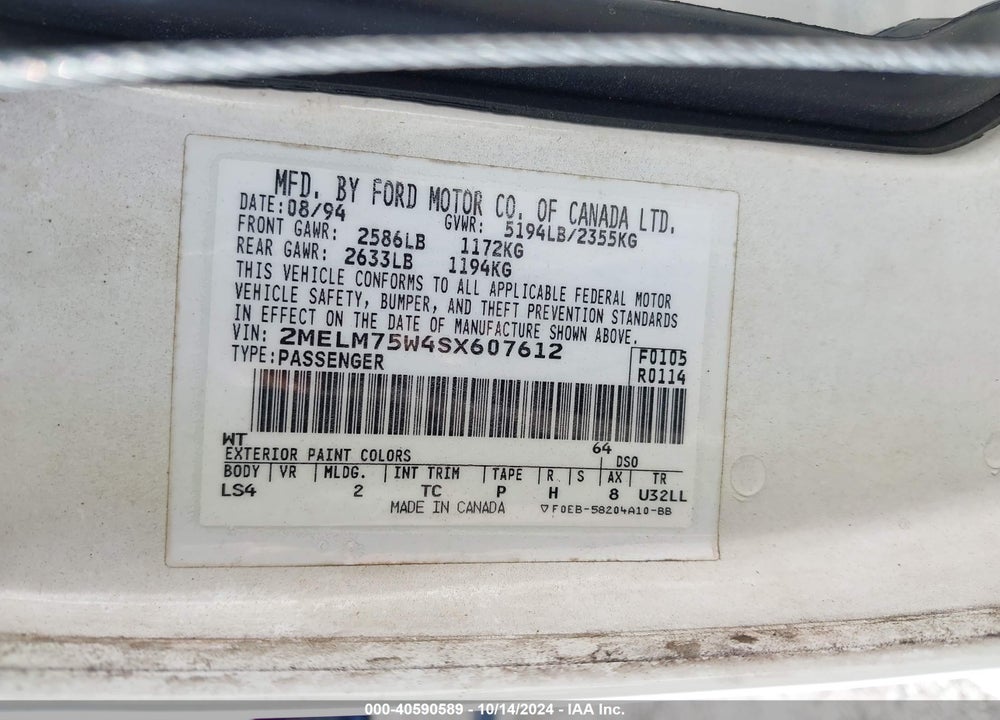 1995 MERCURY GRAND MARQUIS LS VIN: 2MELM75W4SX607612