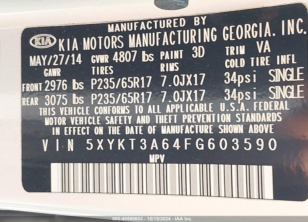 2015 KIA SORENTO LX VIN: 5XYKT3A64FG603590