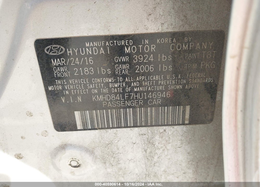 2017 HYUNDAI ELANTRA SE VIN: KMHD84LF7HU146946