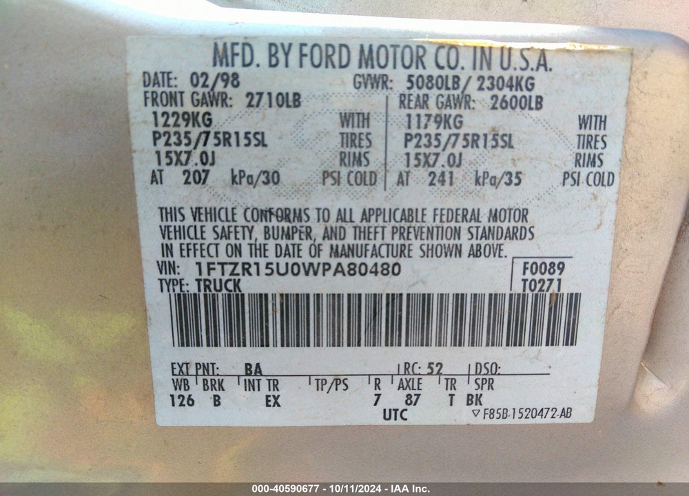 1998 FORD RANGER SPLASH/XL/XLT VIN: 1FTZR15U0WPA80480