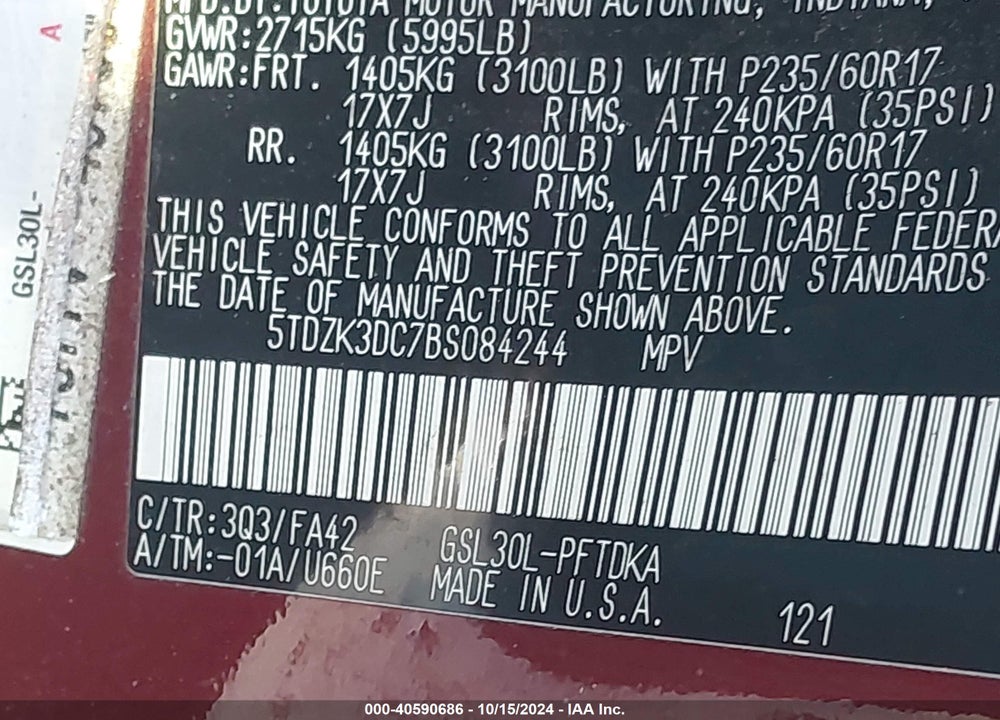 2011 TOYOTA SIENNA VIN: 5TDZK3DC7BS084244