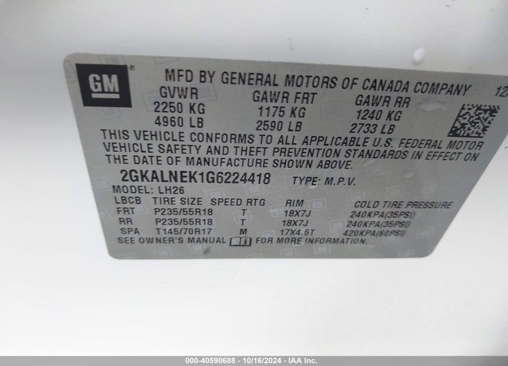 2016 GMC TERRAIN SLE-2 VIN: 2GKALNEK1G6224418