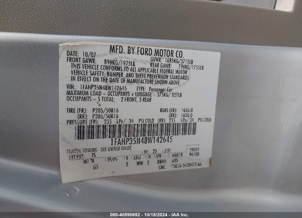 2008 FORD FOCUS SE/SES VIN: 1FAHP35N48W142645