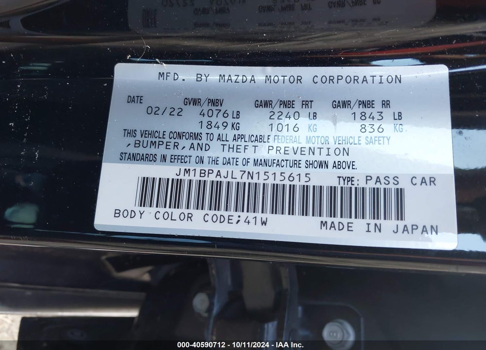 2022 MAZDA 3 VIN: JM1BPAJL7N1515615