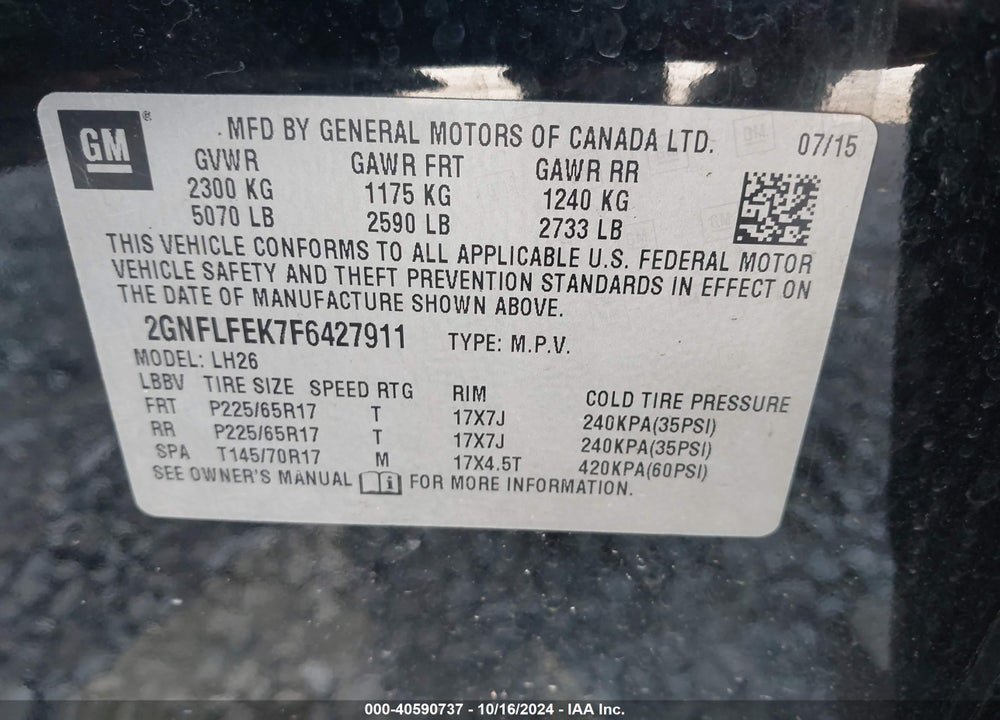2015 CHEVROLET EQUINOX 1LT VIN: 2GNFLFEK7F6427911