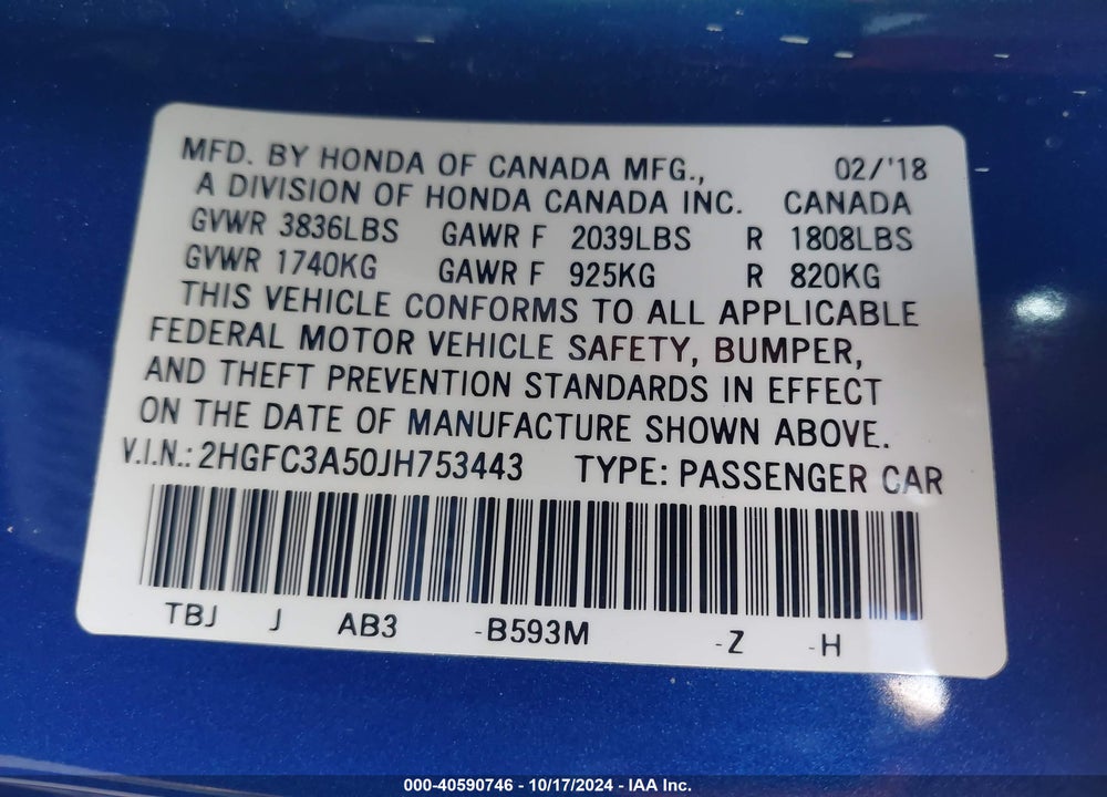 2018 HONDA CIVIC SI VIN: 2HGFC3A50JH753443