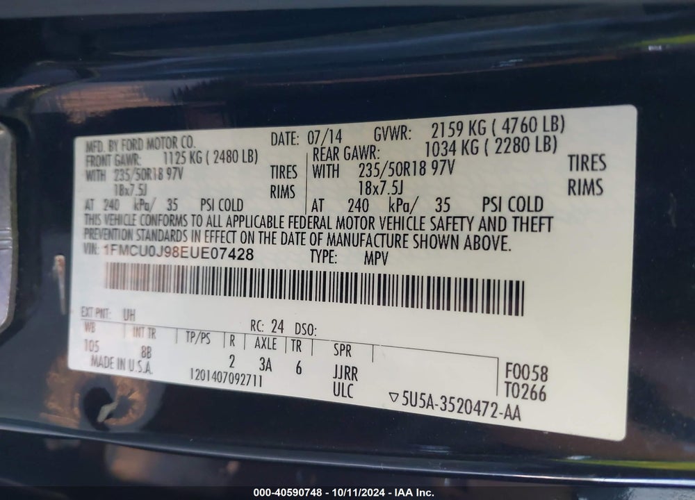 2014 FORD ESCAPE TITANIUM VIN: 1FMCU0J98EUE07428
