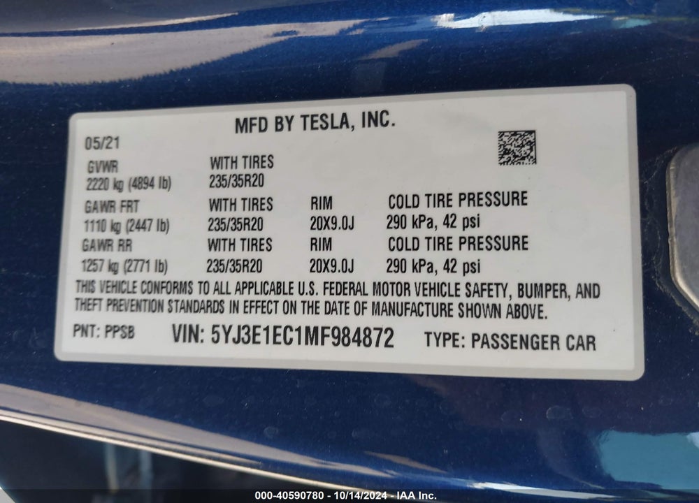 2021 TESLA MODEL 3 PERFORMANCE DUAL MOTOR ALL-WHEEL DRIVE VIN: 5YJ3E1EC1MF984872