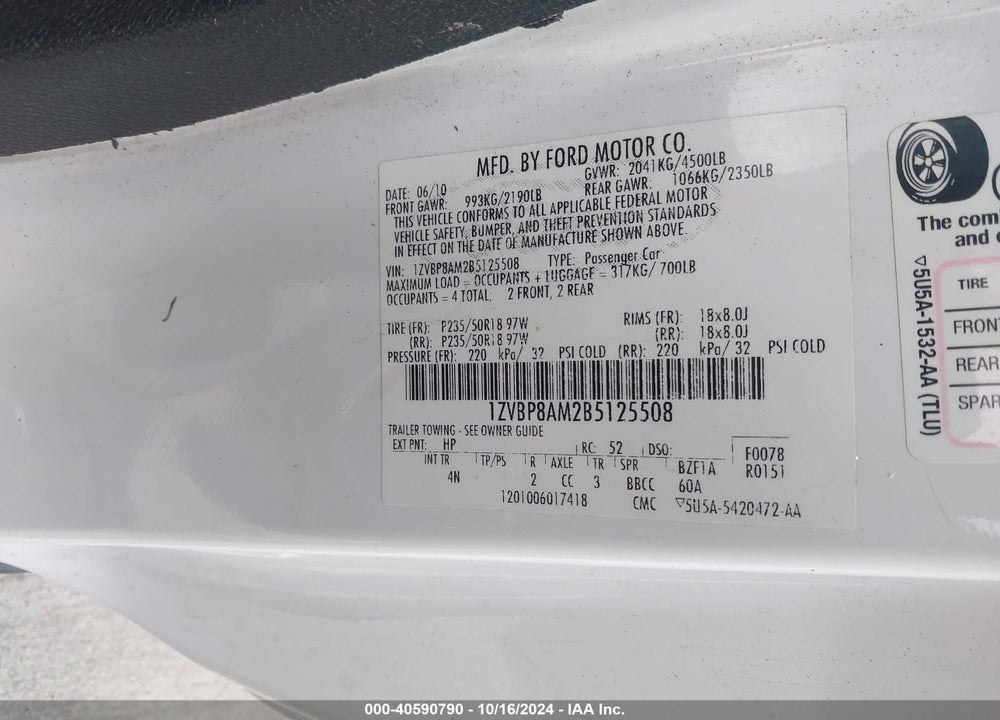 2011 FORD MUSTANG VIN: 1ZVBP8AM2B5125508