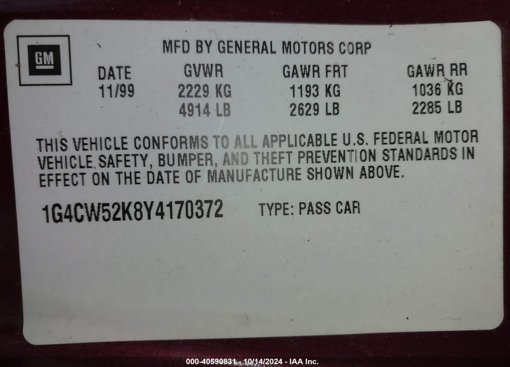 2000 BUICK PARK AVENUE VIN: 1G4CW52K8Y4170372