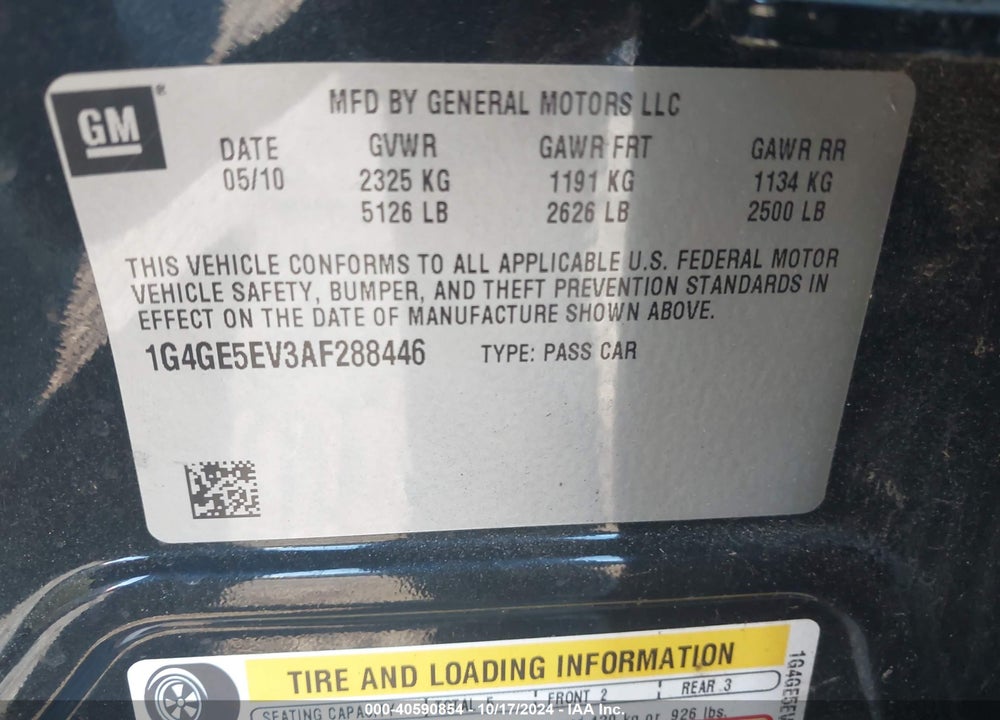 2010 BUICK LACROSSE CXS VIN: 1G4GE5EV3AF288446