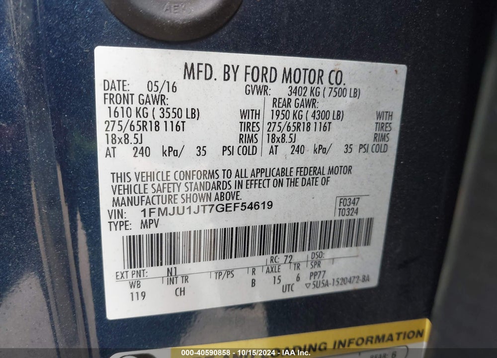 2016 FORD EXPEDITION VIN: 1FMJU1JT7GEF54619
