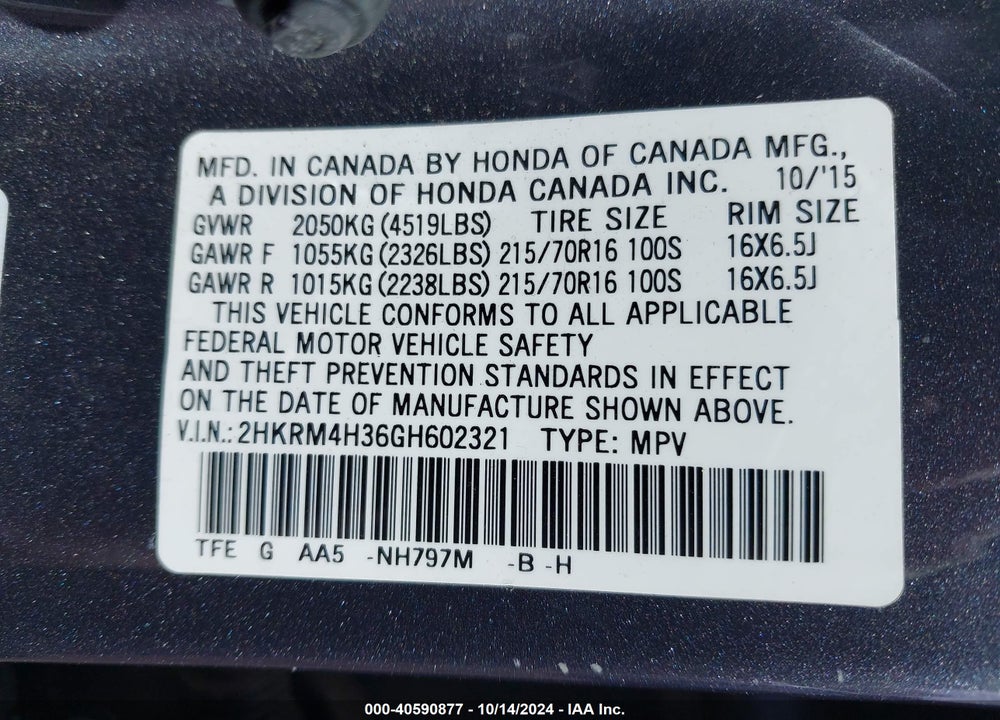 2016 HONDA CR-V LX VIN: 2HKRM4H36GH602321