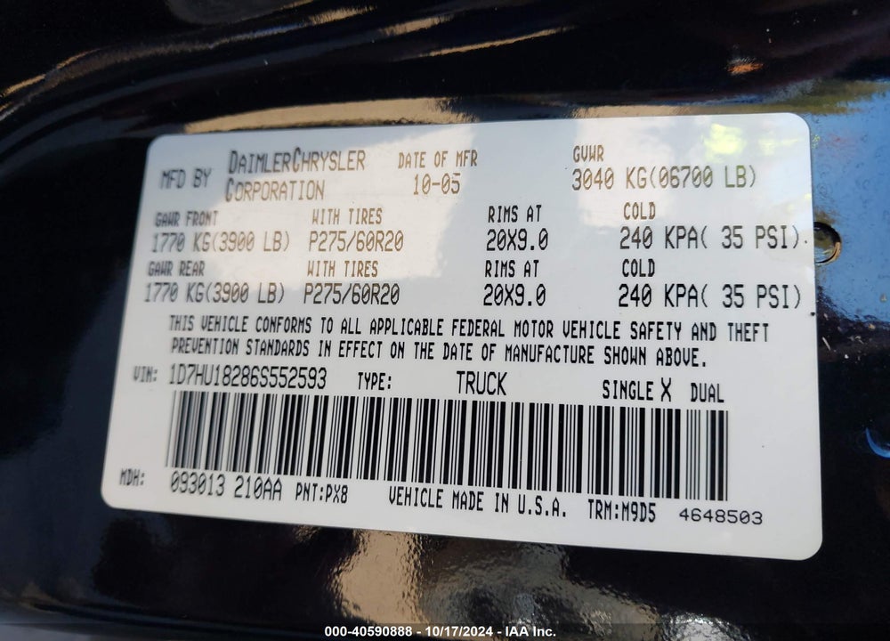 2006 DODGE RAM 1500 SLT/TRX4 OFF ROAD/SPORT VIN: 1D7HU18286S552593