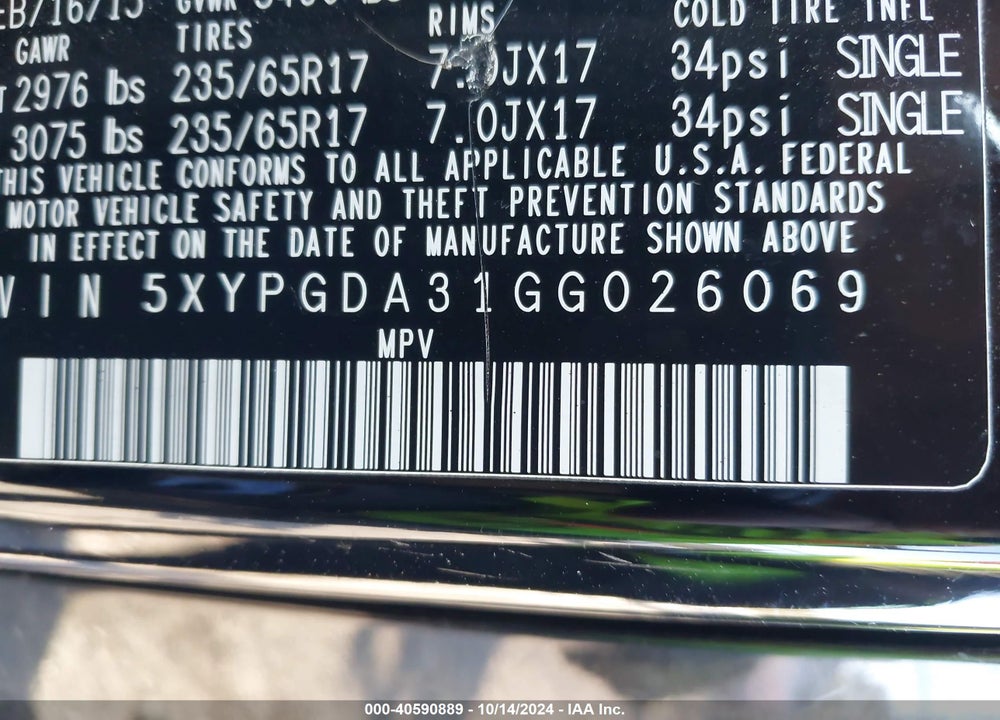 2016 KIA SORENTO 2.4L LX VIN: 5XYPGDA31GG026069