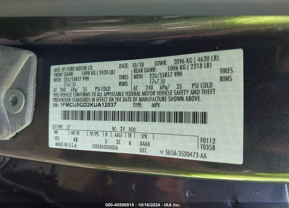 2019 FORD ESCAPE SE VIN: 1FMCU0GD2KUA12037