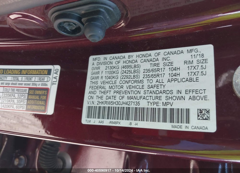 2018 HONDA CR-V LX VIN: 2HKRW5H30JH427135
