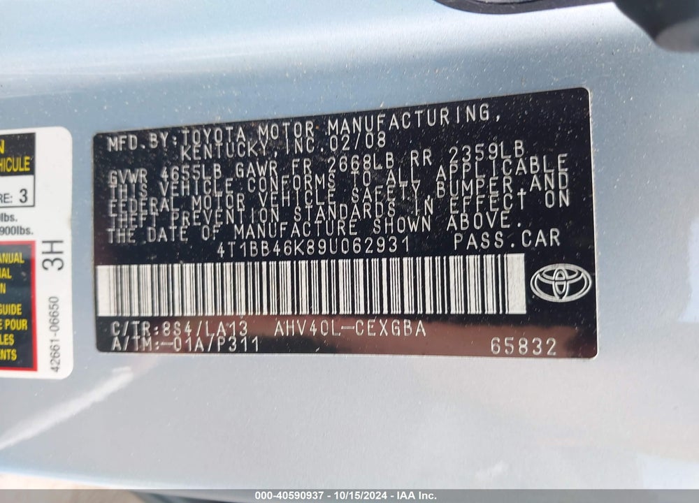 2009 TOYOTA CAMRY HYBRID VIN: 4T1BB46K89U062931