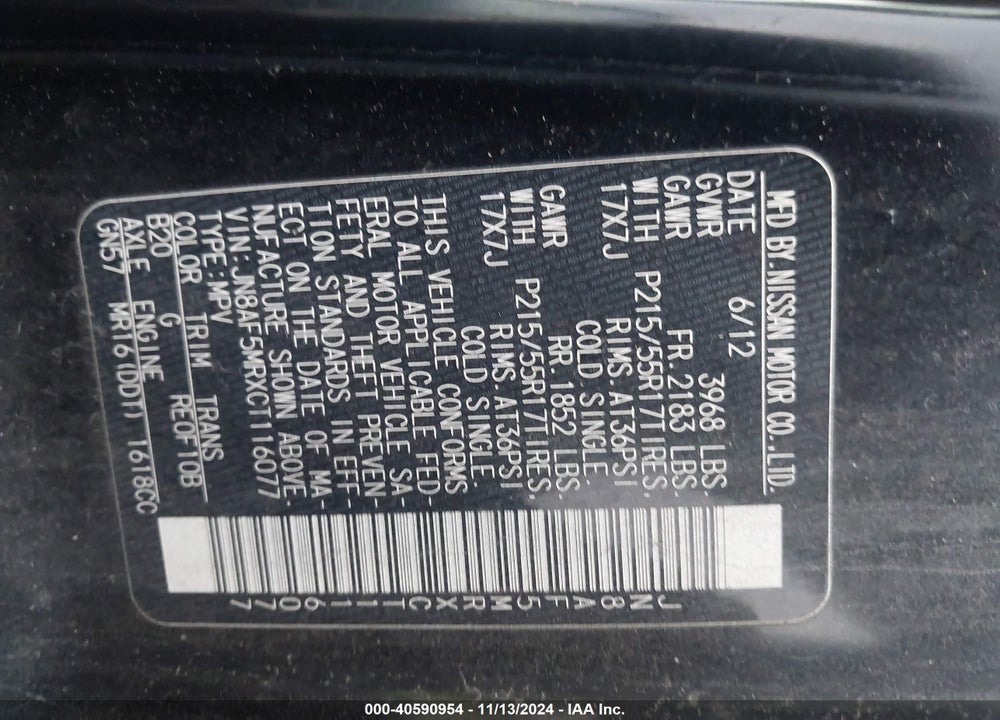 2012 NISSAN JUKE SV VIN: JN8AF5MRXCT116077