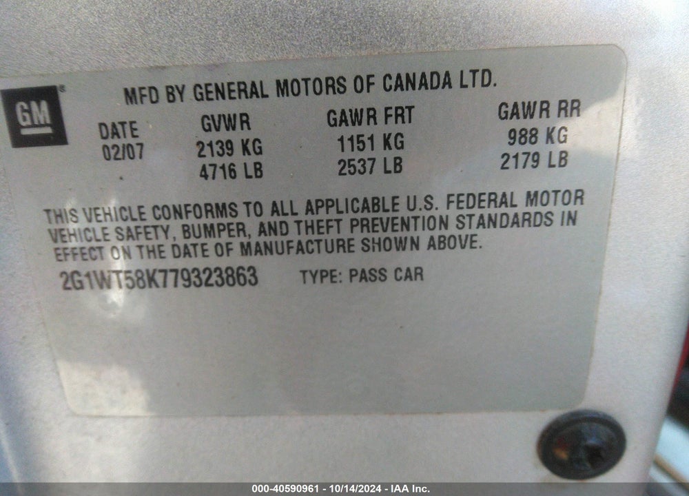 2007 CHEVROLET IMPALA LT VIN: 2G1WT58K779323863