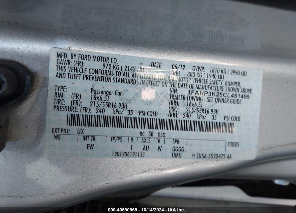 2012 FORD FOCUS VIN: 1FAHP3K25CL451495