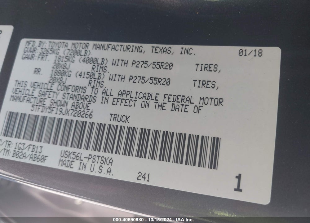 2018 TOYOTA TUNDRA SR5 5.7L V8 VIN: 5TFDY5F19JX720266