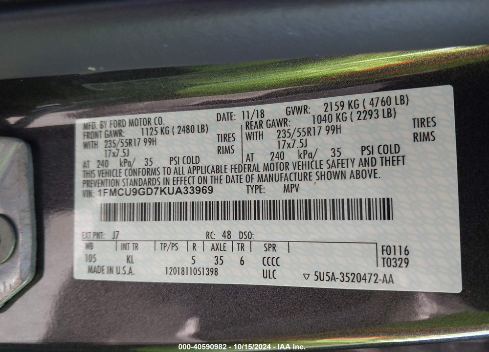2019 FORD ESCAPE SE VIN: 1FMCU9GD7KUA33969