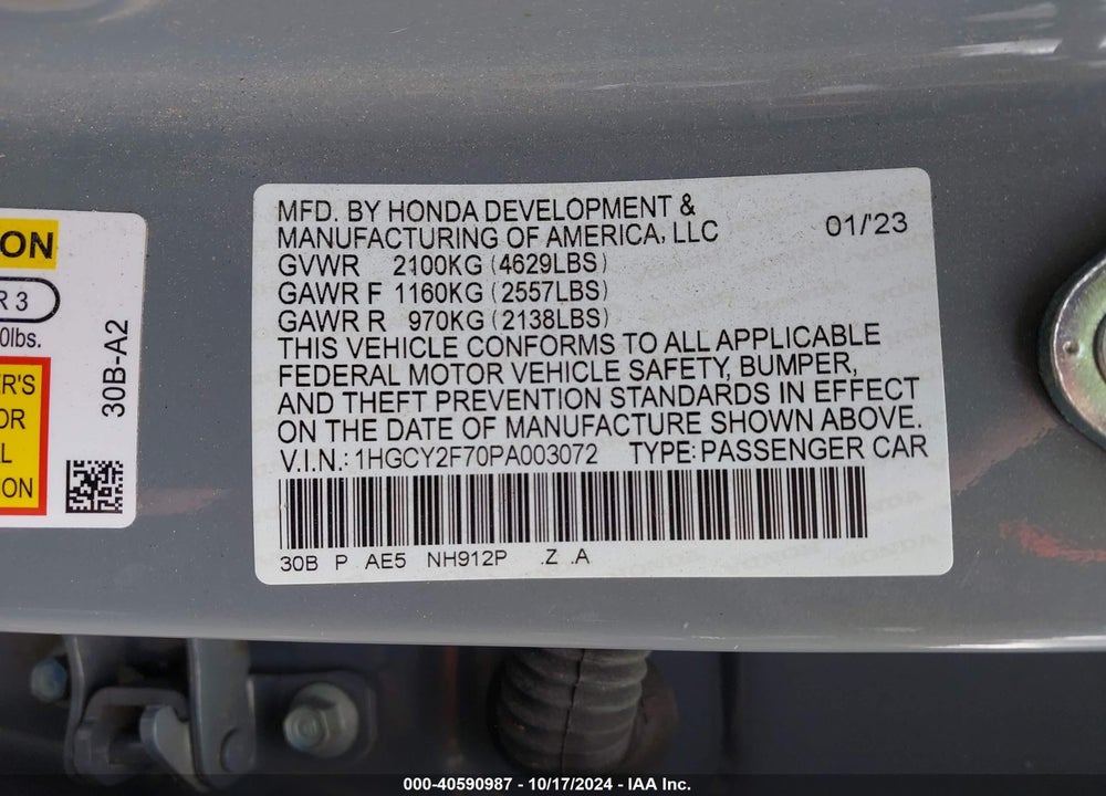 2023 HONDA ACCORD VIN: 1HGCY2F70PA003072