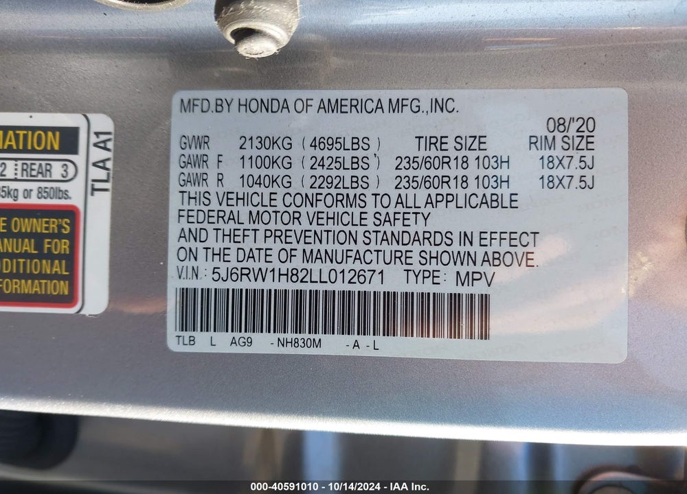 2020 HONDA CR-V 2WD EX-L VIN: 5J6RW1H82LL012671