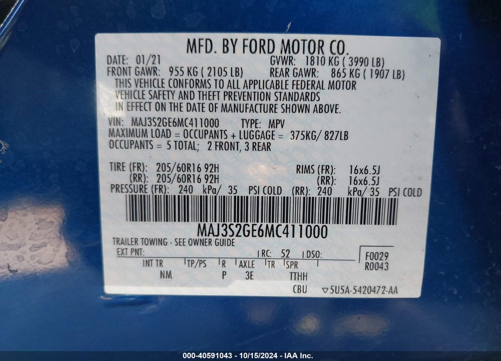 2021 FORD ECOSPORT SE VIN: MAJ3S2GE6MC411000
