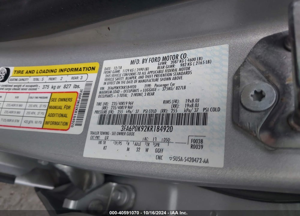 2019 FORD FUSION TITANIUM VIN: 3FA6P0K92KR184920