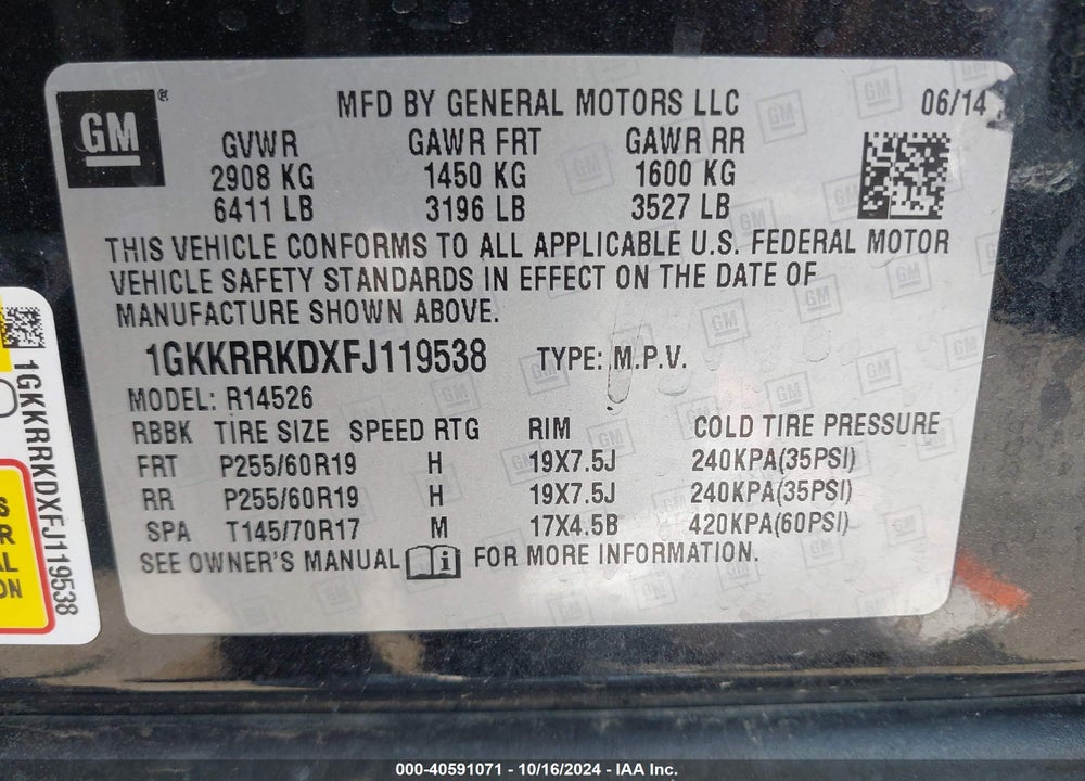 2015 GMC ACADIA SLT-1 VIN: 1GKKRRKDXFJ119538
