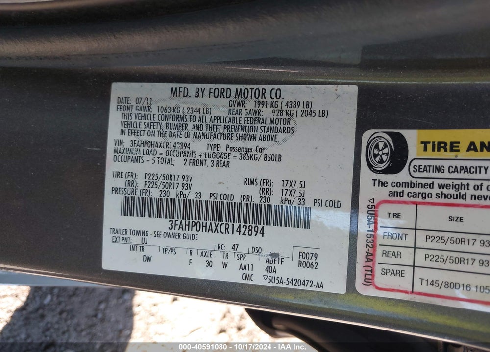 2012 FORD FUSION SE VIN: 3FAHP0HAXCR142894