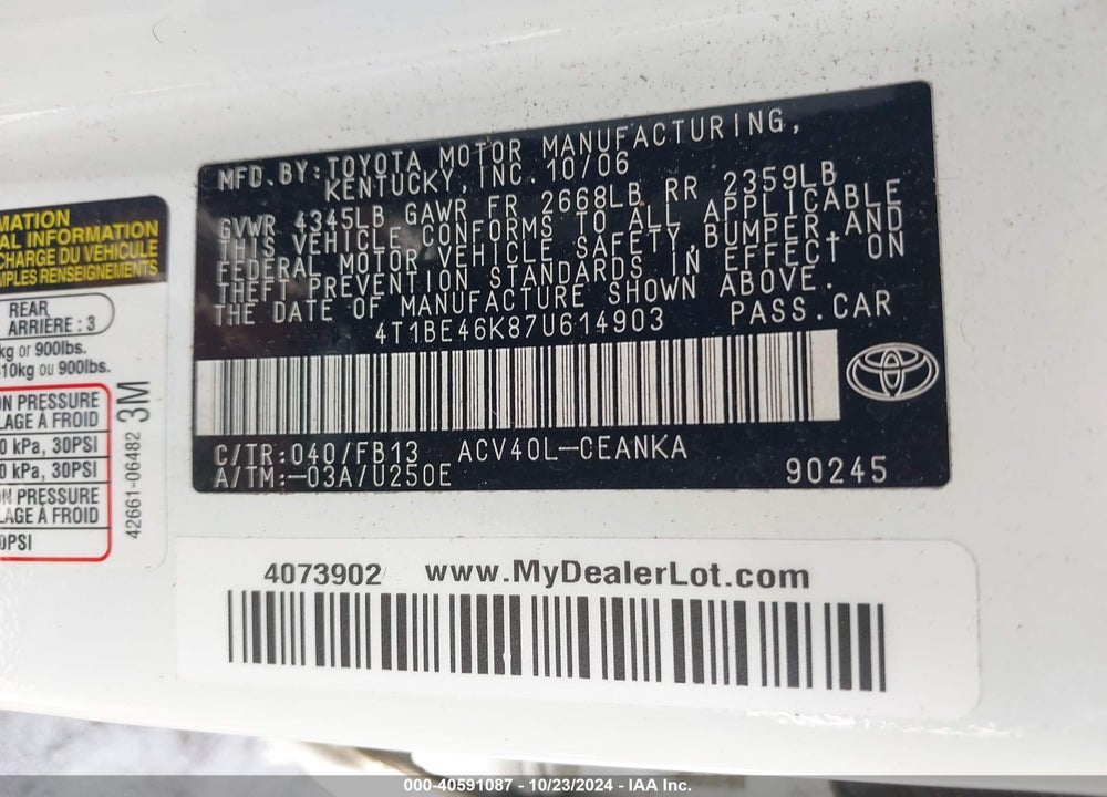2007 TOYOTA CAMRY LE VIN: 4T1BE46K87U614903