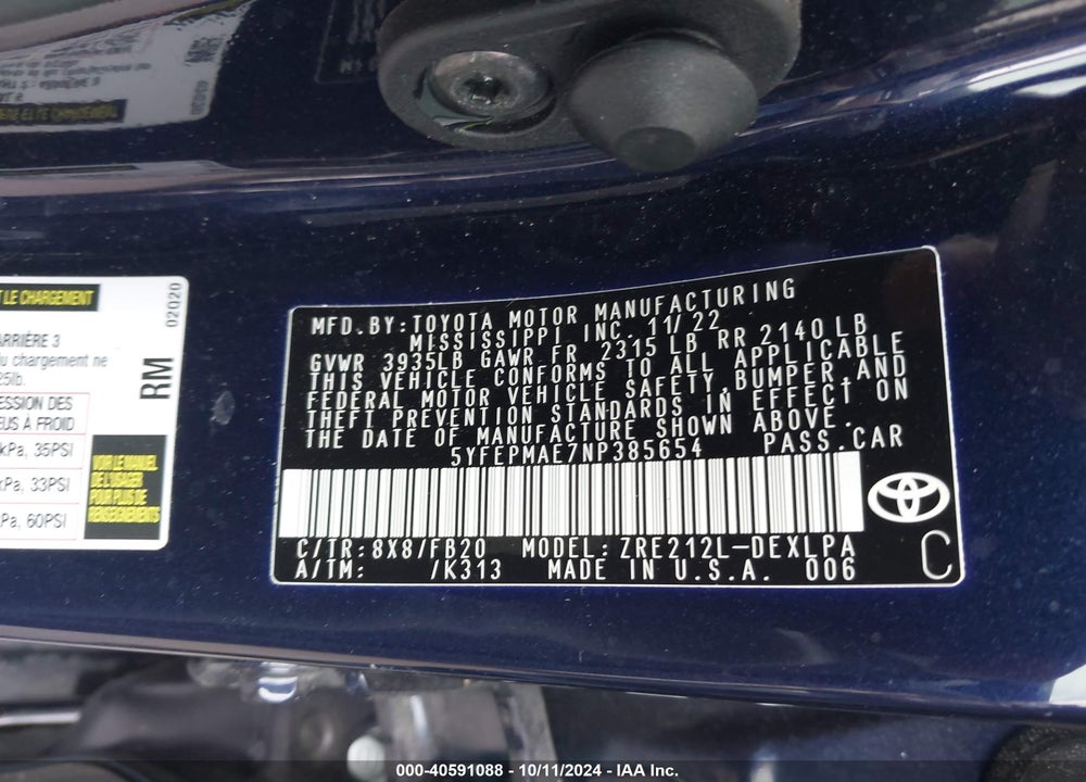 2022 TOYOTA COROLLA LE VIN: 5YFEPMAE7NP385654
