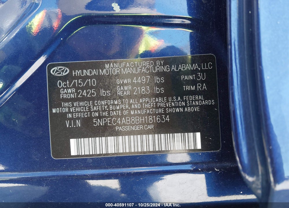 2011 HYUNDAI SONATA VIN: 5NPEC4AB8BH181634